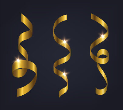 Golden tinsel set. Golden tinsel on a black background. Vector 3d clipart.