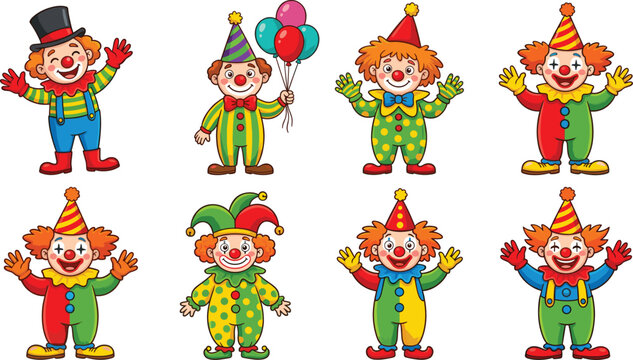 Cute Circus Clown Cartoon Character Collection with Colorful Costumes Balloons and Funny Party Expressions Vector Illustration Set