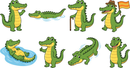 Naklejka premium Cute crocodile cartoon character collection with funny poses swimming walking and playful expressions vector illustration isolated on white background
