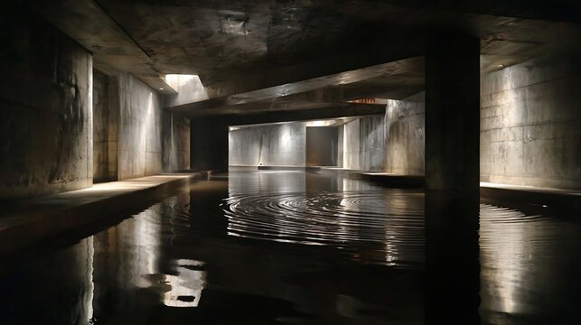 Modern concrete interior with water reflections and dramatic lighting.