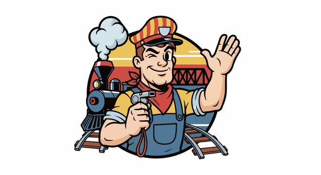 Cheerful conductor winks, holding whistle near steam train and bridge over tracks