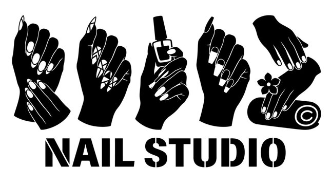 Set of Professional Manicure and Nail Art Silhouettes for Beauty Salon and Studio Branding, Vector Illustration Featuring Various Hand Poses, Nail Care Treatments, and Decorative Designs