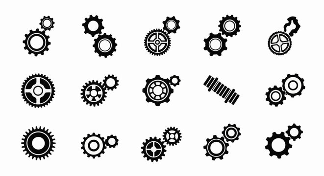 Collection of mechanical gear and cog icons in various configurations on a white background