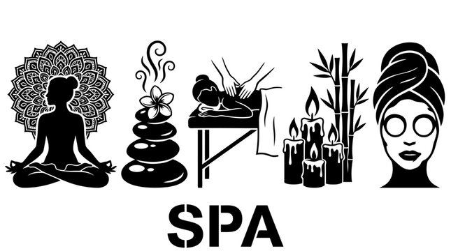 Spa and Wellness Silhouette Icon Set Featuring Yoga, Massage, Hot Stones, Candles, and Beauty Care Vector Illustration