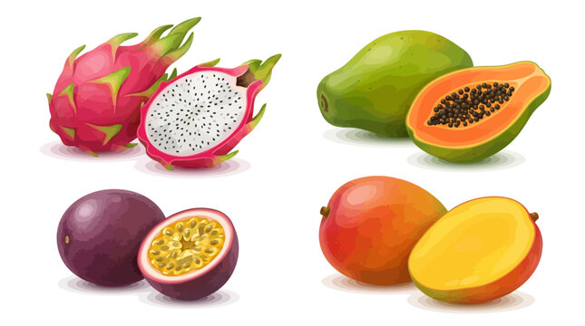 Flat lay of exotic fruits including dragon fruit, papaya, passionfruit, and mango on a white background