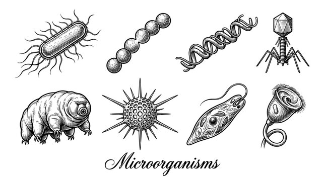 Microorganisms and Bacteria Collection, Hand-Drawn Engraving Style Vector Illustration featuring Tardigrade, Bacteriophage, Euglena, and Pathogens