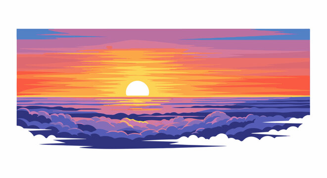 Vibrant pixel art sunset over clouds and ocean