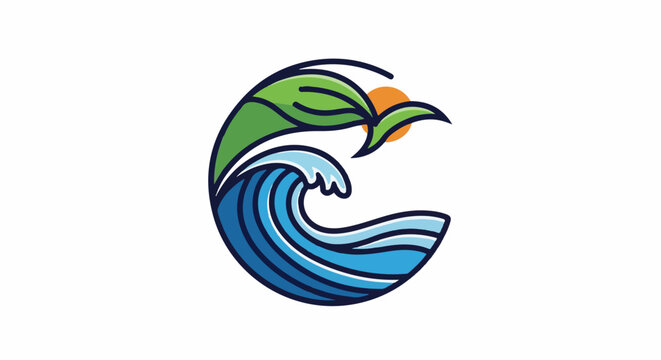 Stylized wave cresting with green leaves and a setting sun