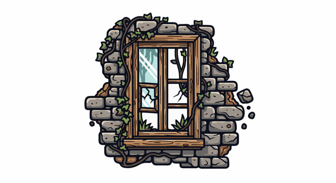 A weathered, broken window frame with cracked glass, embraced by creeping ivy on a crumbling stone wall