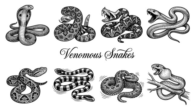 Set of Vintage Engraved Venomous Snakes Collection including Cobra Rattlesnake and Viper. Detailed Hand Drawn Vector Illustration of Dangerous Reptiles.