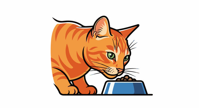 An animated ginger tabby cat with green eyes eats from a blue bowl filled with kibble