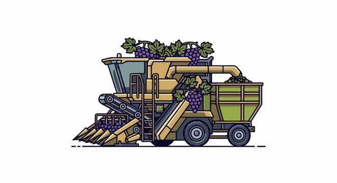A specialized machine collects grapes from vines and deposits them into a green collection bin