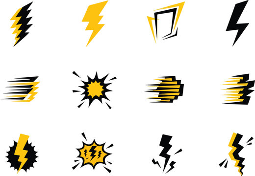 Twelve stylized icons featuring yellow and black lightning bolts and speed bursts