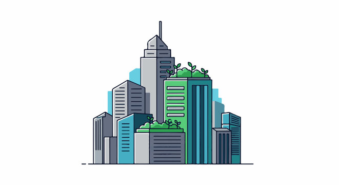 Modern city skyline with green spaces integrated into buildings