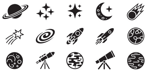 Space exploration and celestial objects icons set on white. © MdSamsul