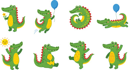 Obraz premium Cute crocodile cartoon character collection with funny poses balloons flowers and playful expressions vector illustration isolated on white background