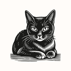 Black and white illustration of cat. linocut style illustration © Handini