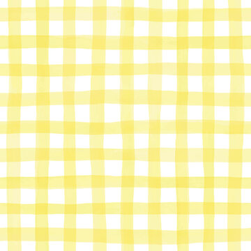 Seamless hand painted yellow and orange gingham check pattern with soft watercolor texture. Warm cheerful plaid background ideal for fabric, wallpaper, packaging, stationery, kitchen and summer design