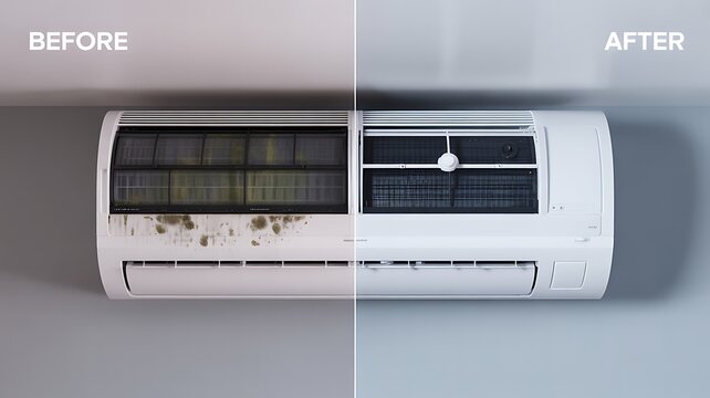 Dirty air conditioner filter before and after cleaning, comparison side by side