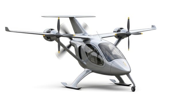 Silver futuristic aircraft with propellers on white