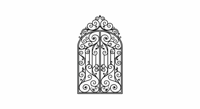 Ornate wrought iron archway gate with scrolled details and leaf accents