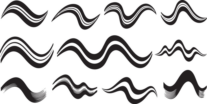 Abstract wavy lines set, black wave vector shapes, 11 design elements