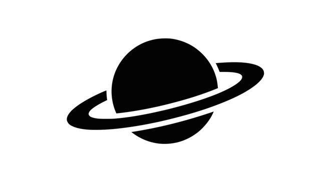 Vector illustration of black silhouette icon of planet saturn with rings on a transparent background