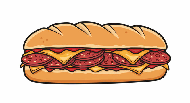 A cartoon-style sub sandwich with layers of salami, cheese, and sauce on a white background