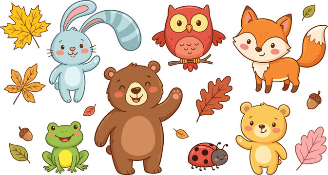 Cute forest animal cartoon collection with bear fox rabbit owl frog and autumn leaves vector illustration isolated on white background