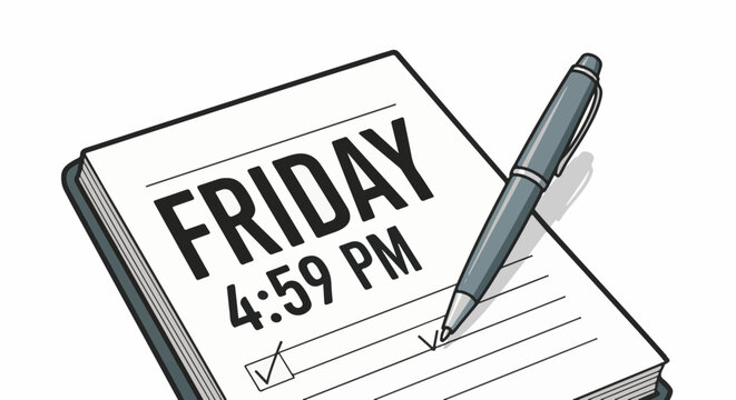 A close-up shot depicts a notebook open to a page with "FRIDAY 459 PM" written on it