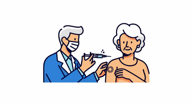 Medical professional in a mask administers a vaccine to an elderly patient