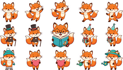 Obraz premium Cute Fox Cartoon Character Collection with Funny Poses Reading Gifts Gardening and Seasonal Costumes Vector Illustration Set