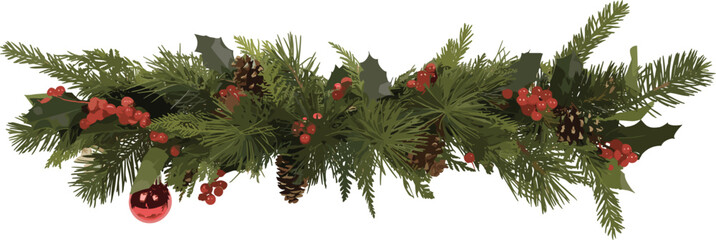 Christmas pine garland vector illustration, festive decoration with holly berries pinecones and ornaments for holiday design © Kaiyum