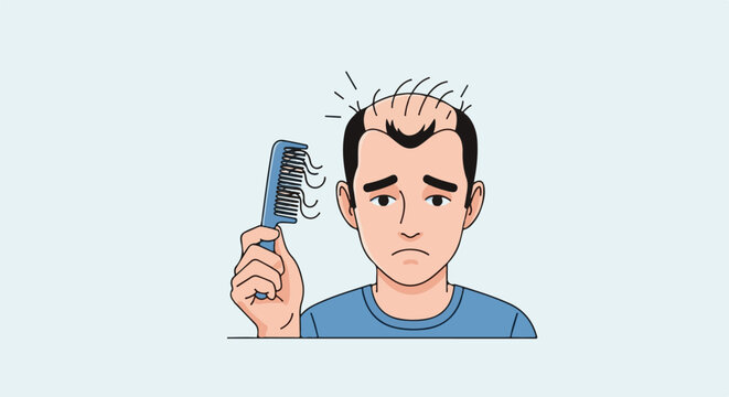 A man with thinning hair and a sad expression holds a comb with fallen hairs