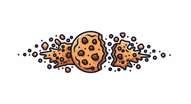 Cartoon cookie explodes into crumbs and splatters