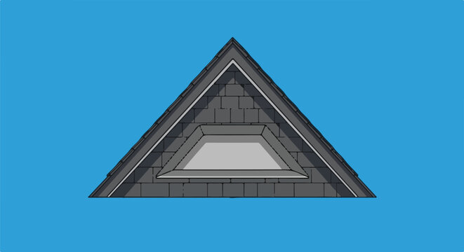 A triangular structure with a recessed central area, against a plain blue sky