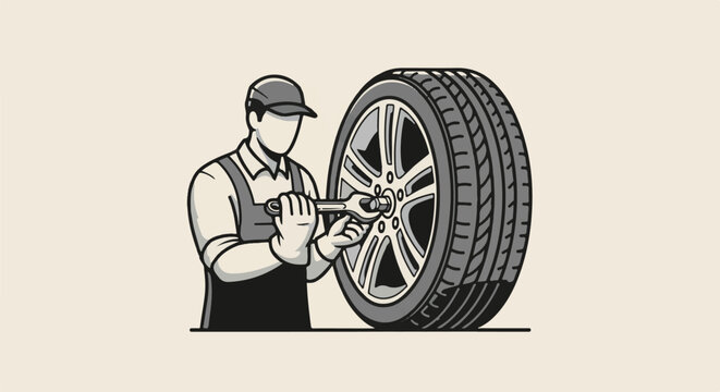 Stylized illustration of a mechanic working on a car wheel