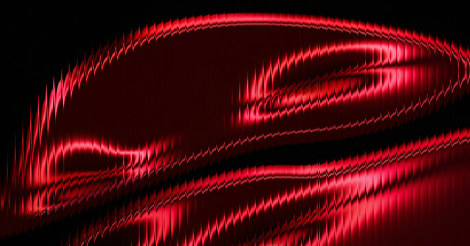Abstract background with vertical neon red stripes spreading over dark reeded glass surface, 3D glossy liquid wave with vibrant chromatic iridescence