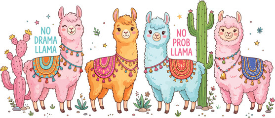 Cute Llama Cartoon Collection with Funny Quotes Cactus and Colorful Boho Style Vector Illustration Design for Kids © Mstferdoshi