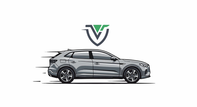 A sleek silver SUV speeds across a white background, with a stylized V-shaped logo overhead