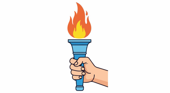 A hand holds a blue torch with a vibrant orange and yellow flame, symbolizing light and achievement