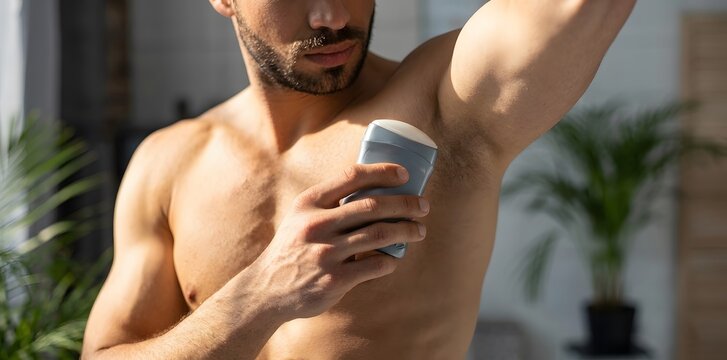 Muscular man applying roll on deodorant to his underarm