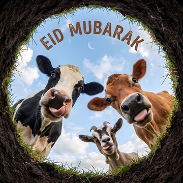 Eid al-Adha. Funny cows and goat looking down into a hole, eid mubarak design for card, poster, flyer, post, banner, cover, greeting, for muslims holiday islamic festival.