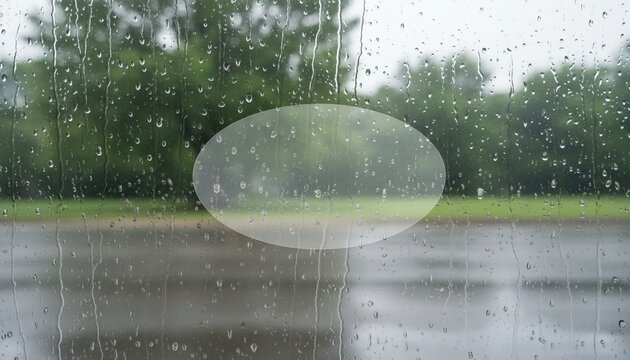 A blank oval shape sticker mockup is attached to a window glass and raining outside