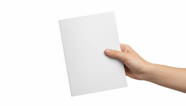 A hand holding a blank white booklet or brochure mockup for design presentation. Isolated on White Background