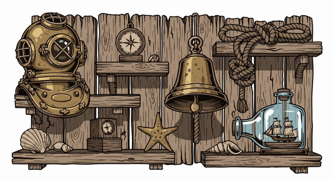 Vintage nautical collection on wooden planks diving helmet, bell, compass, rope, shells, and ship in a bottle