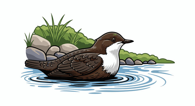 A brown and white bird swims in rippling blue water near a rocky, grassy bank