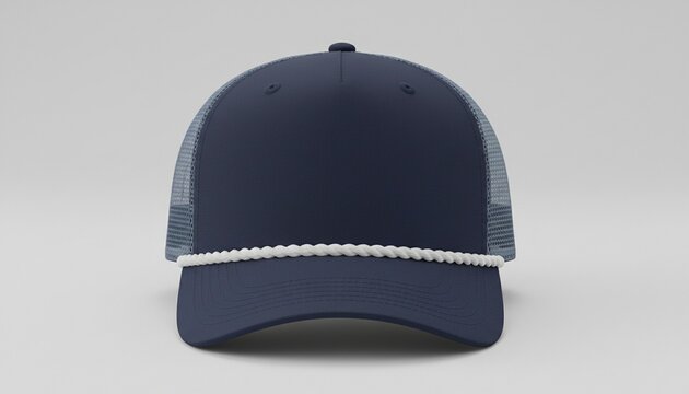 A simple front view of a blank navy blue snapback trucker hat with a white rope detail on the visor for mockups