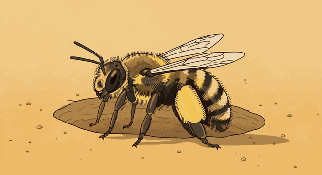A detailed illustration of a fuzzy bee with striped abdomen and translucent wings on sandy ground