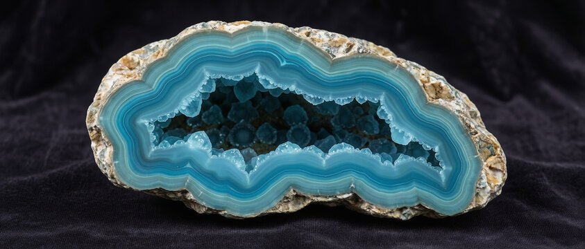 A polished blue agate geode with intricate banding and crystal formations, displayed on a dark fabric background.